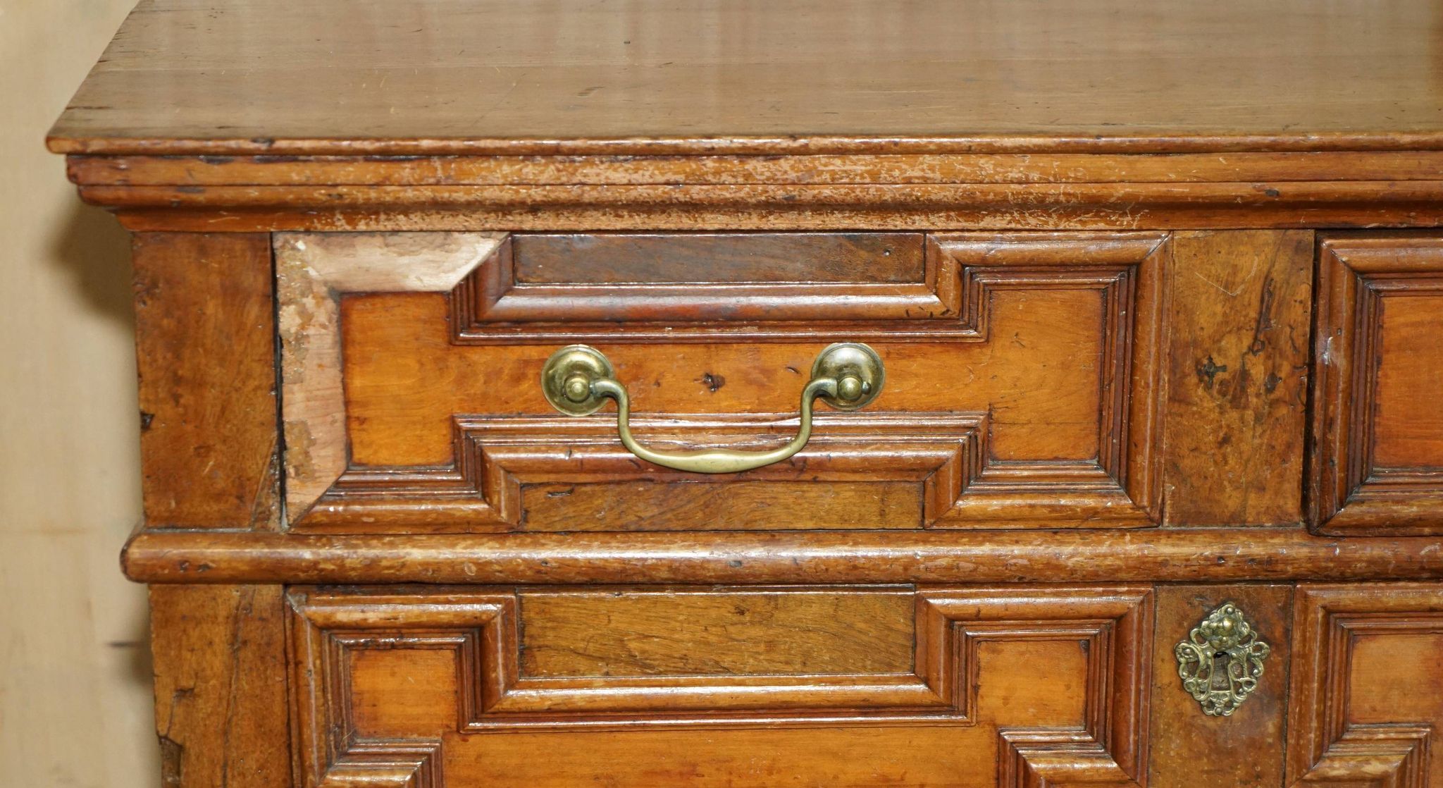 17th Century Antique Oak Commode with Two Rows of Drawers