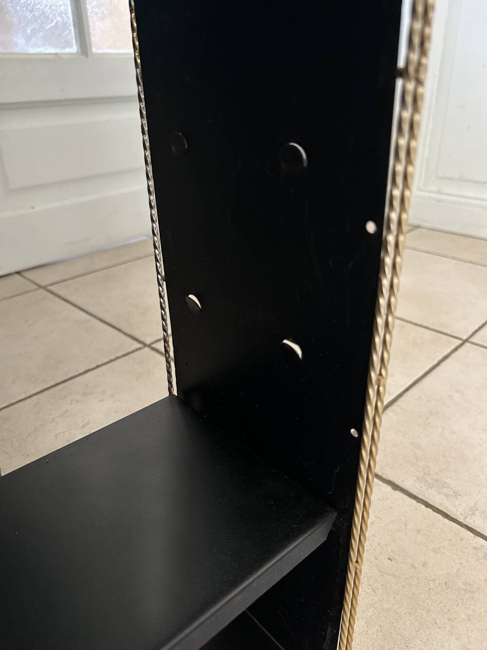 Double gold metal string shelves and black trays, vintage, 60s