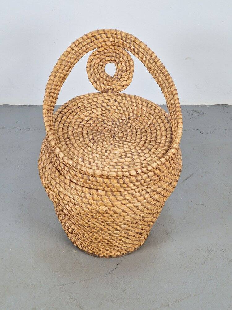 Vintage Straw and Wicker Stool with Storage Basket, 1960s