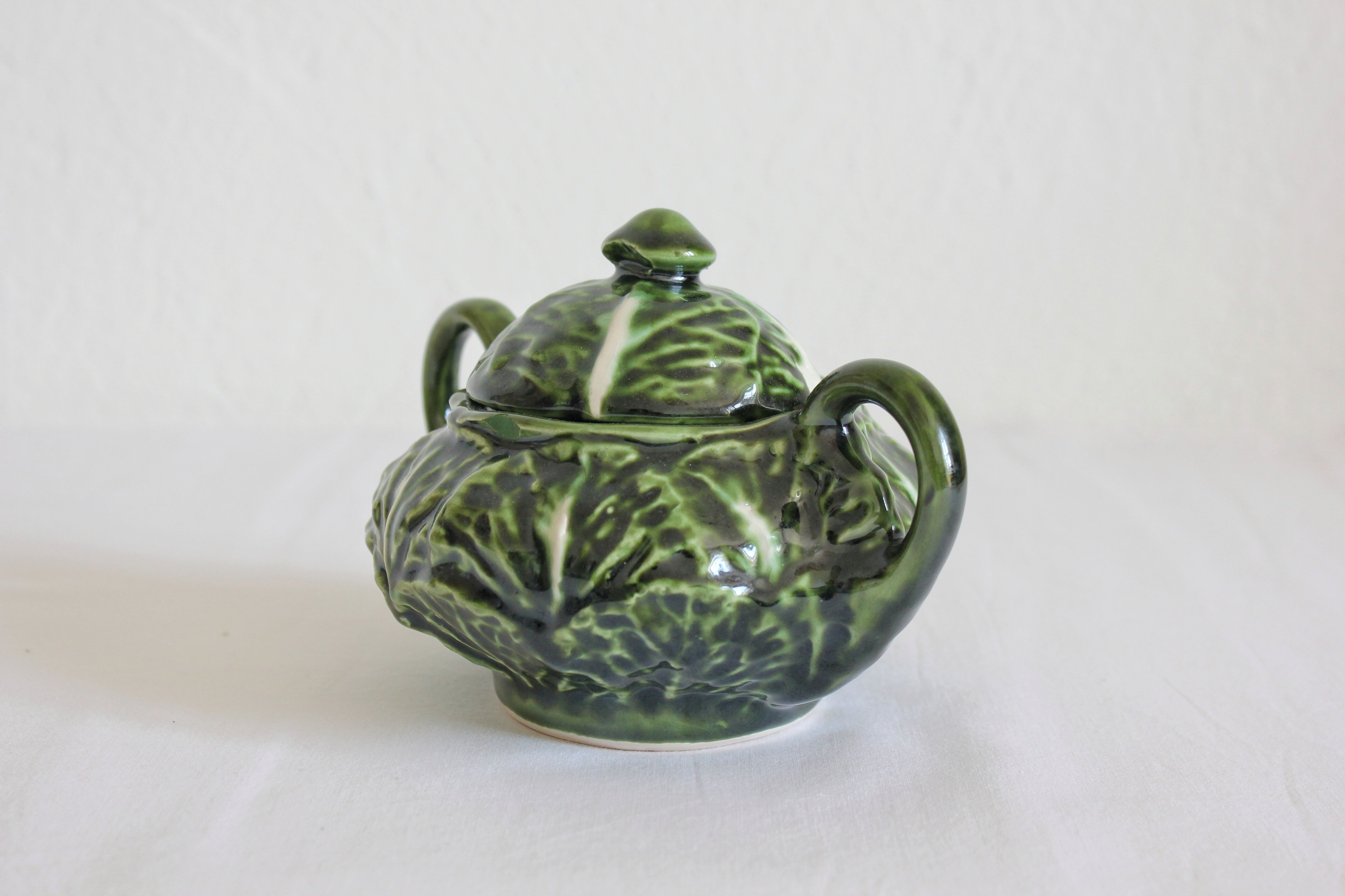 Vintage slipware cabbage-shaped sugar bowl