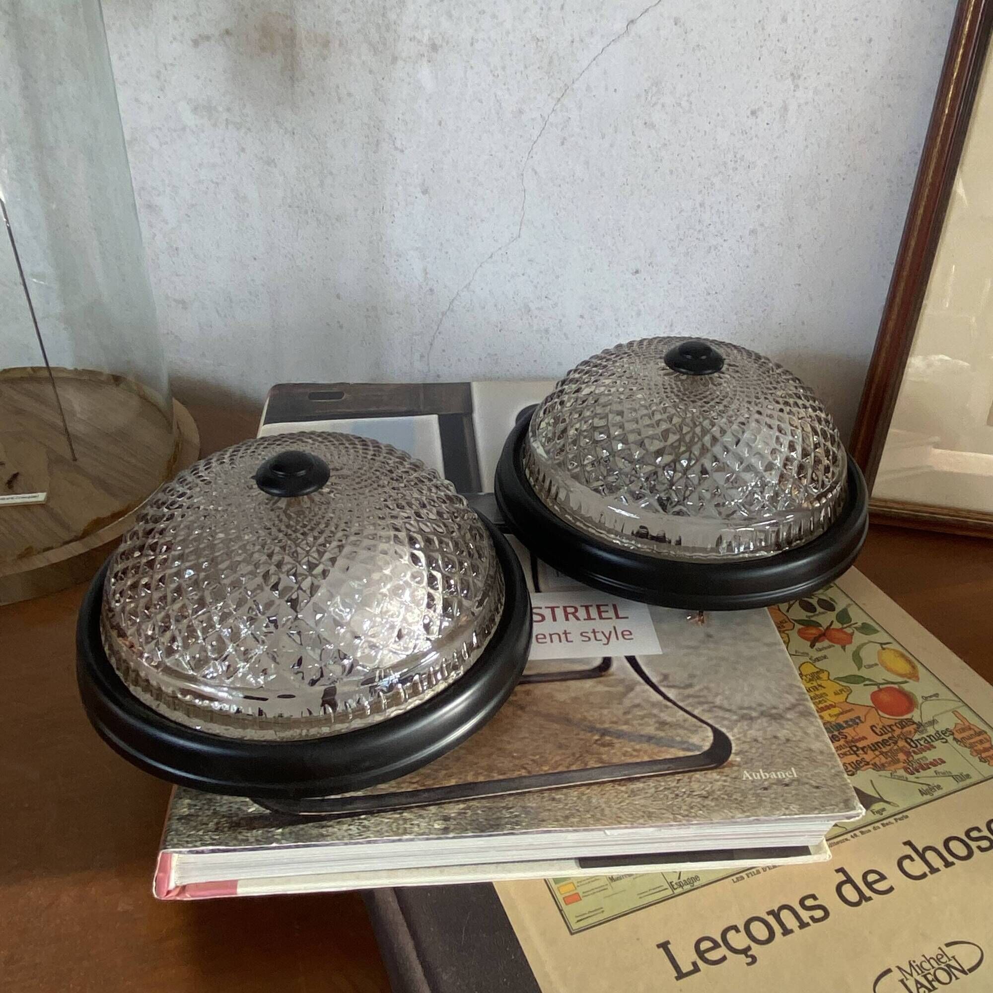 Small pair of vintage ceiling sconces in glass and black metal.