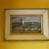 Tableau ancien avec son encadrement, signé jcc,  scène portuaire avec phare