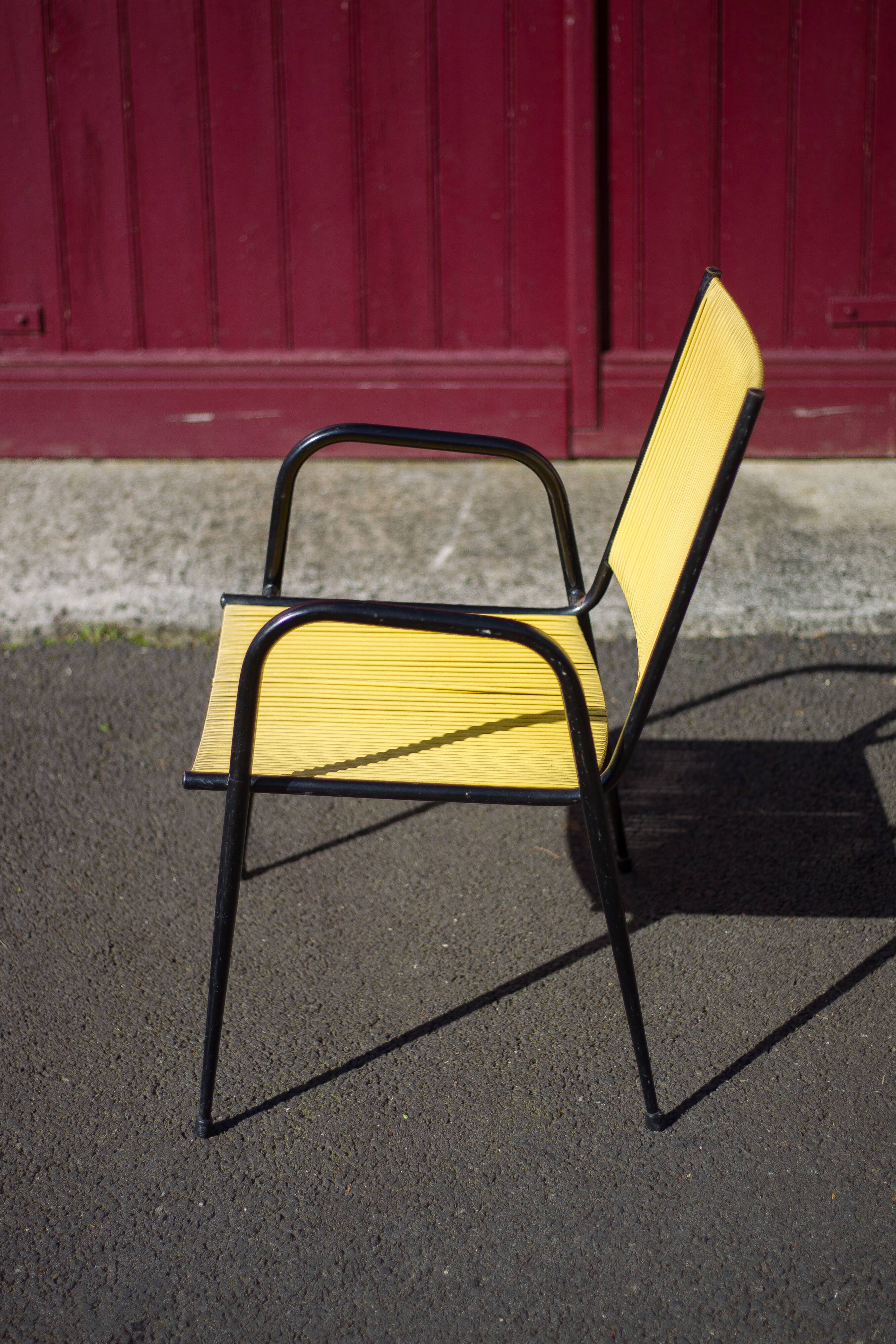 Scoubidou armchair, black metal armchair and yellow plastic wires, vintage chair