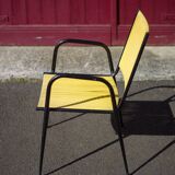 Scoubidou armchair, black metal armchair and yellow plastic wires, vintage chair