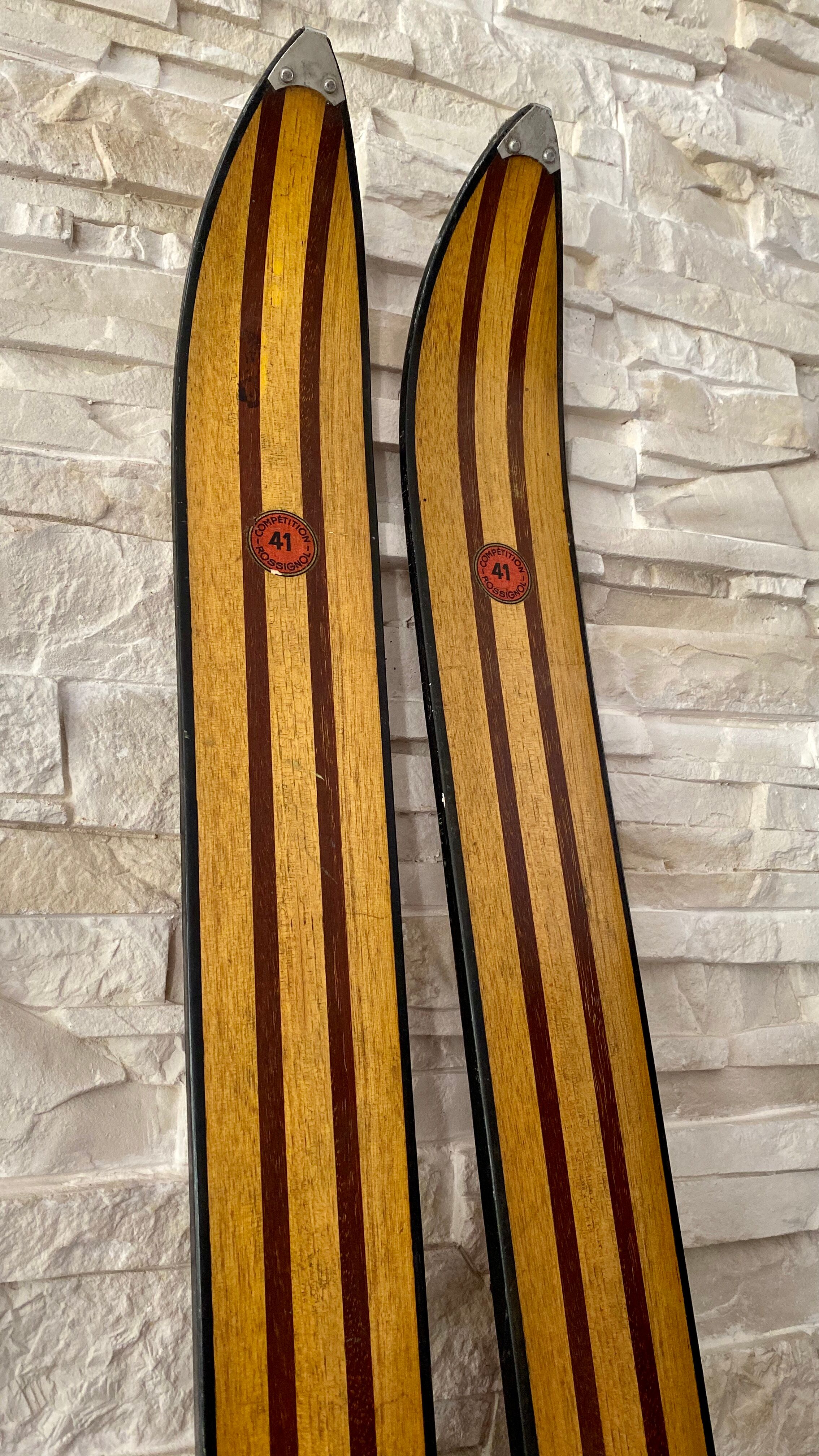Vintage wooden Rossignol Hickory ski pair