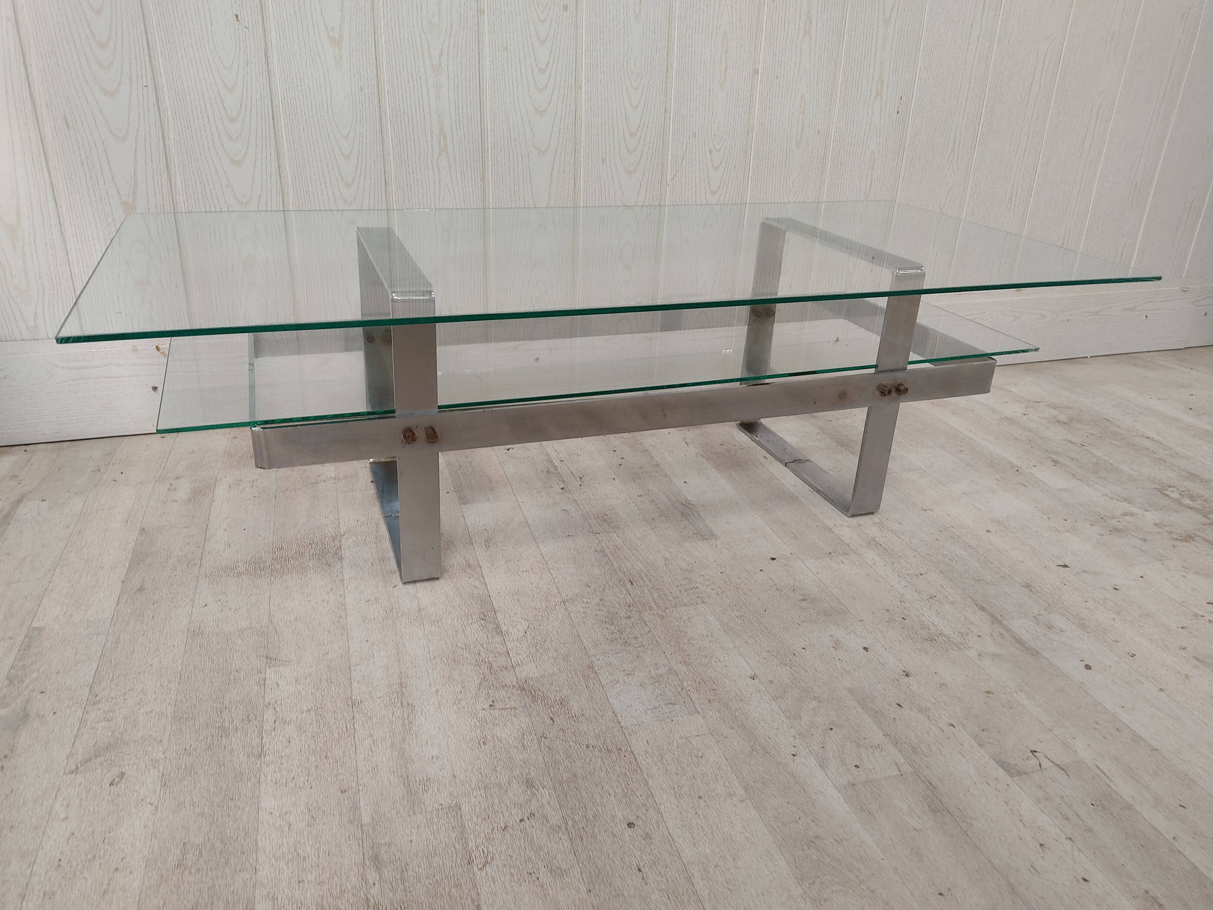 Table basse vintage acier chromé et verre