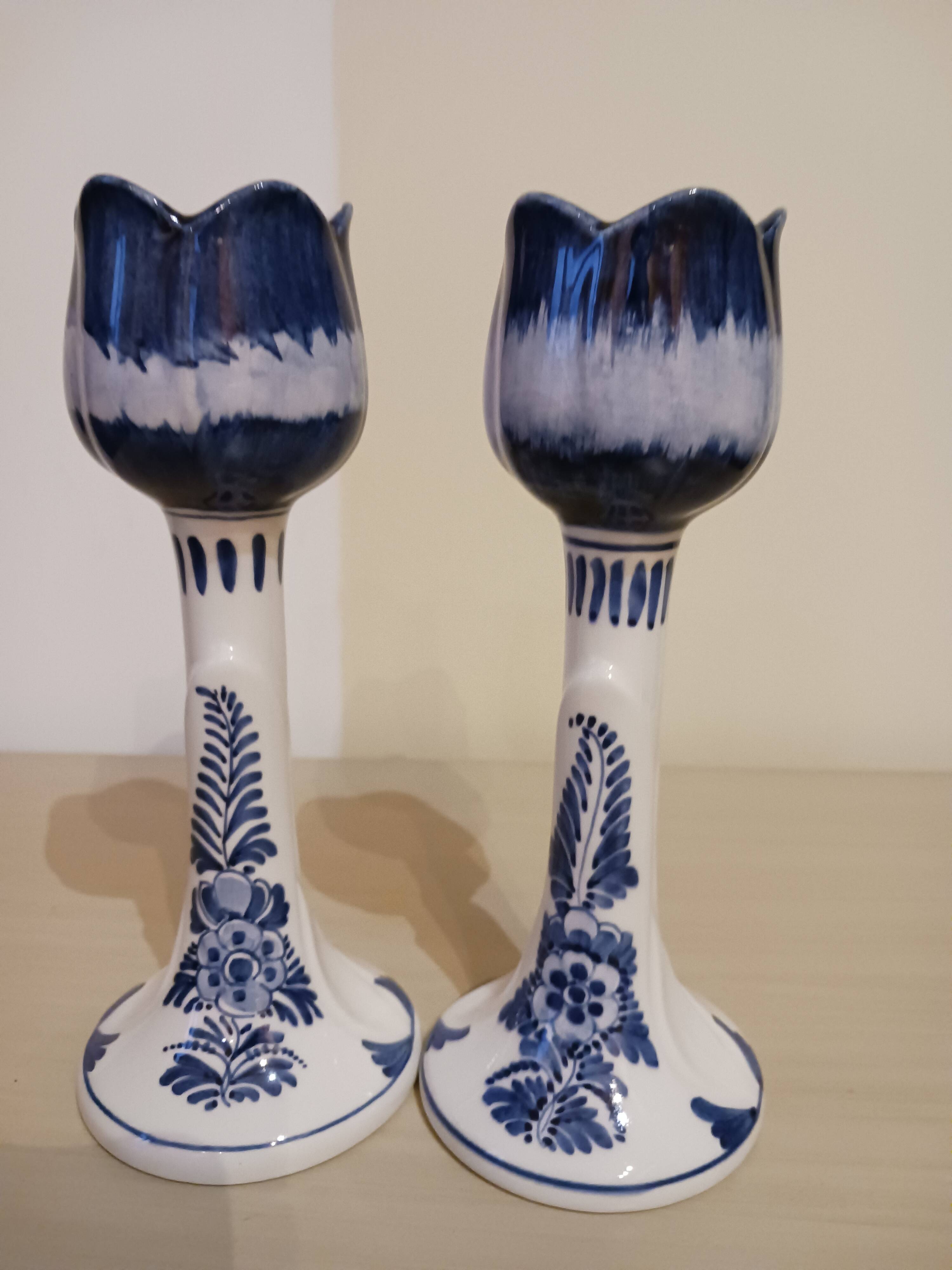 Pair of Delft earthenware candlesticks