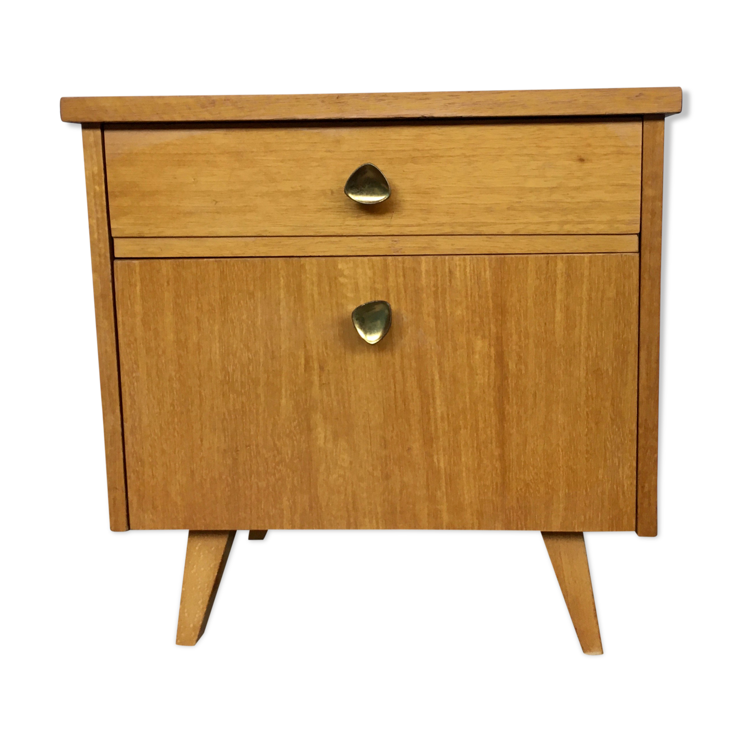 Old vintage bedside nightstand in oak, compass feet