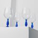 Set of 4 vintage Italian glass wine glasses, clear bowls with royal blue stems, 1980s MCM style
