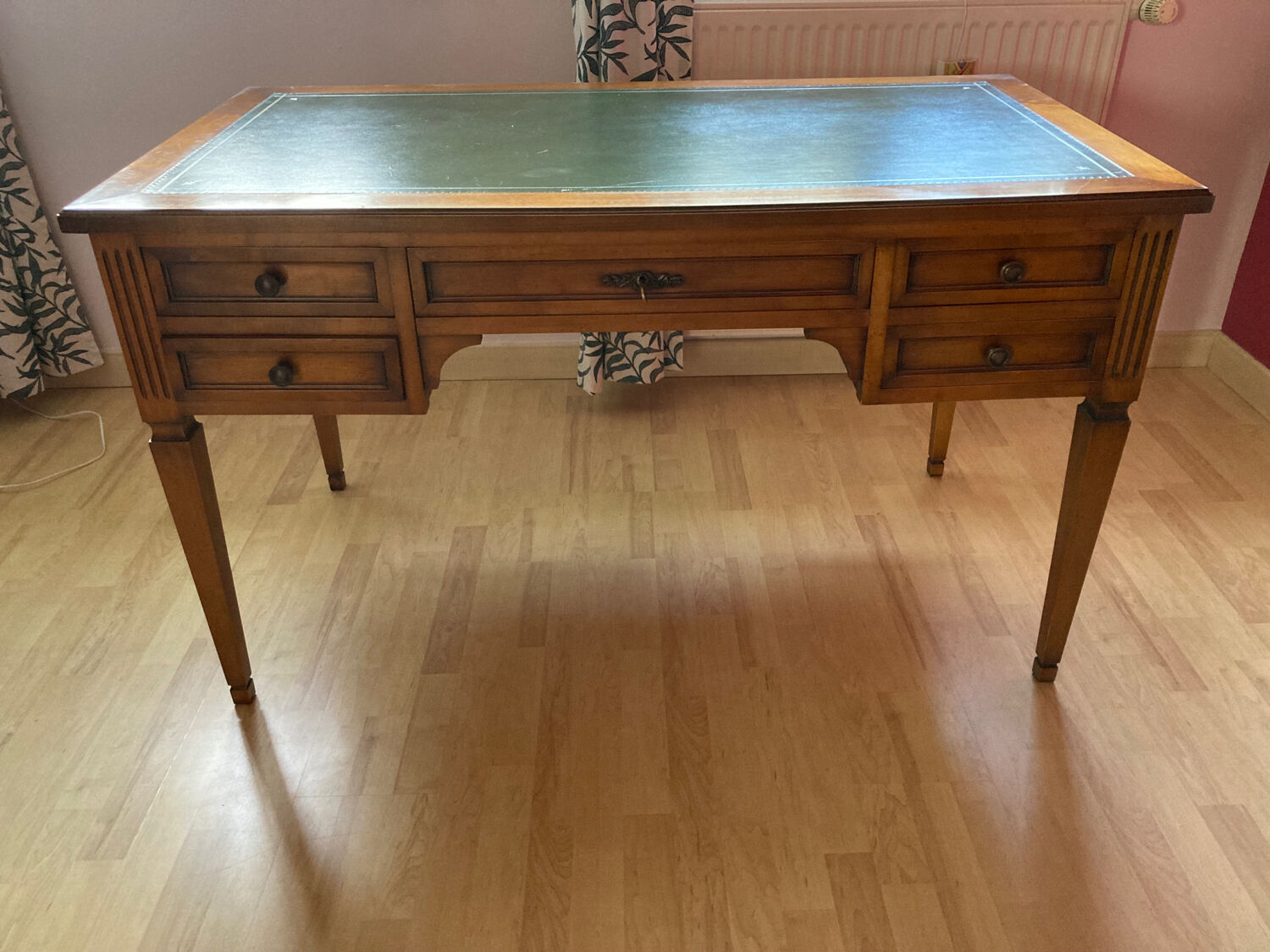 Napoleon Empire style wood and green leather desk 4 drawers 2 sliding shelves