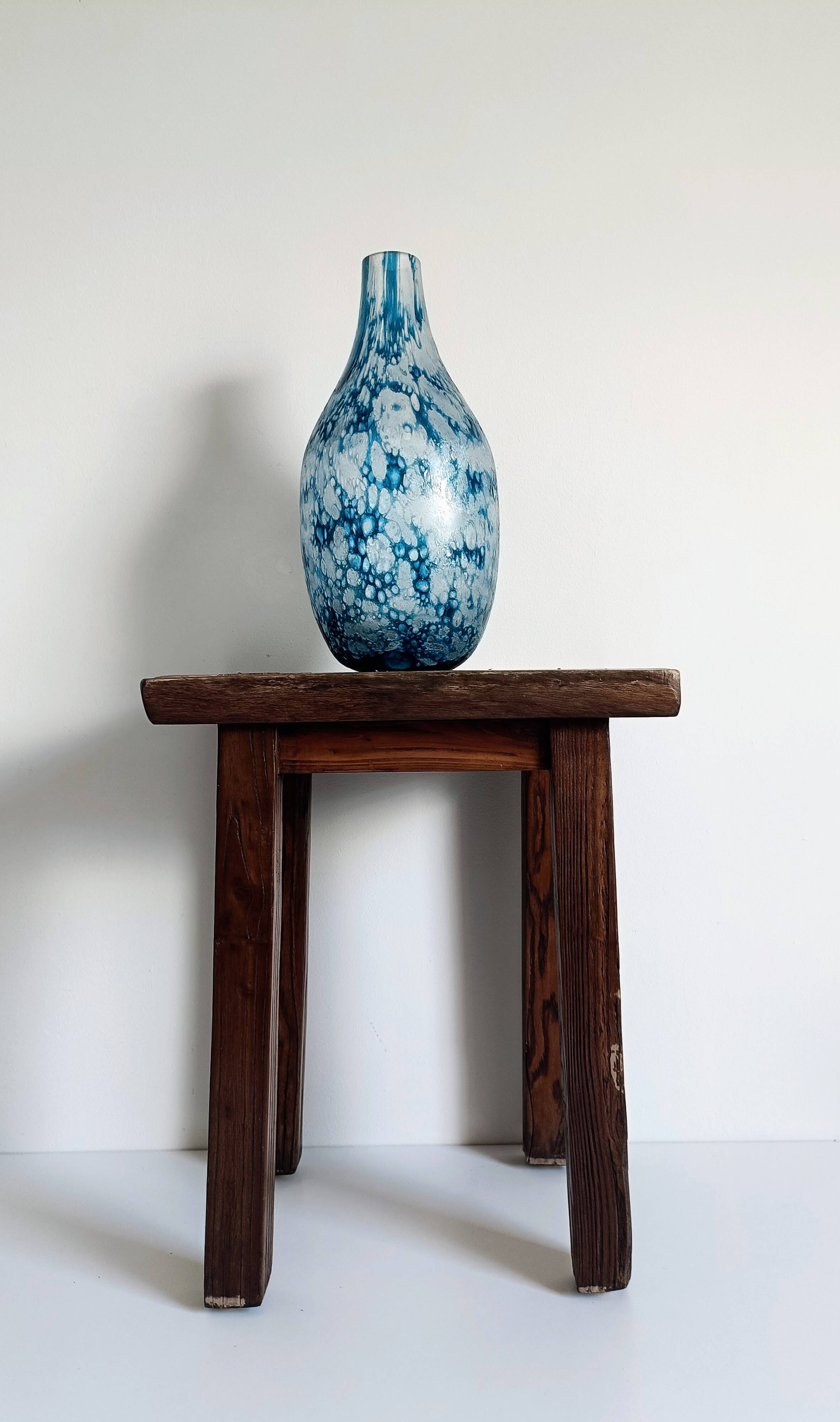 Brutalist Blue and White Reactive Art Glass Vase, Europe, 1970s