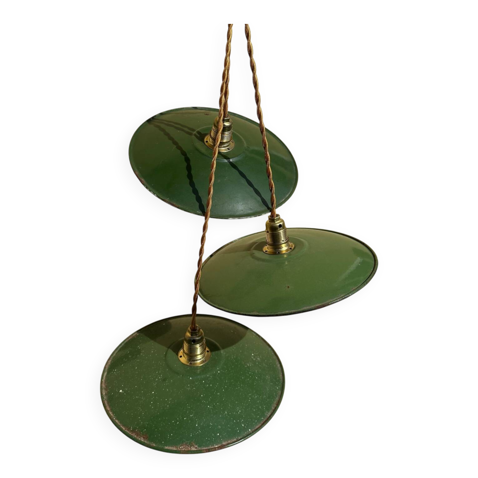 Trio of vintage green enamelled sheet metal lampshade pendants