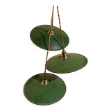 Trio of vintage green enamelled sheet metal lampshade pendants
