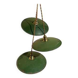 Trio of vintage green enamelled sheet metal lampshade pendants