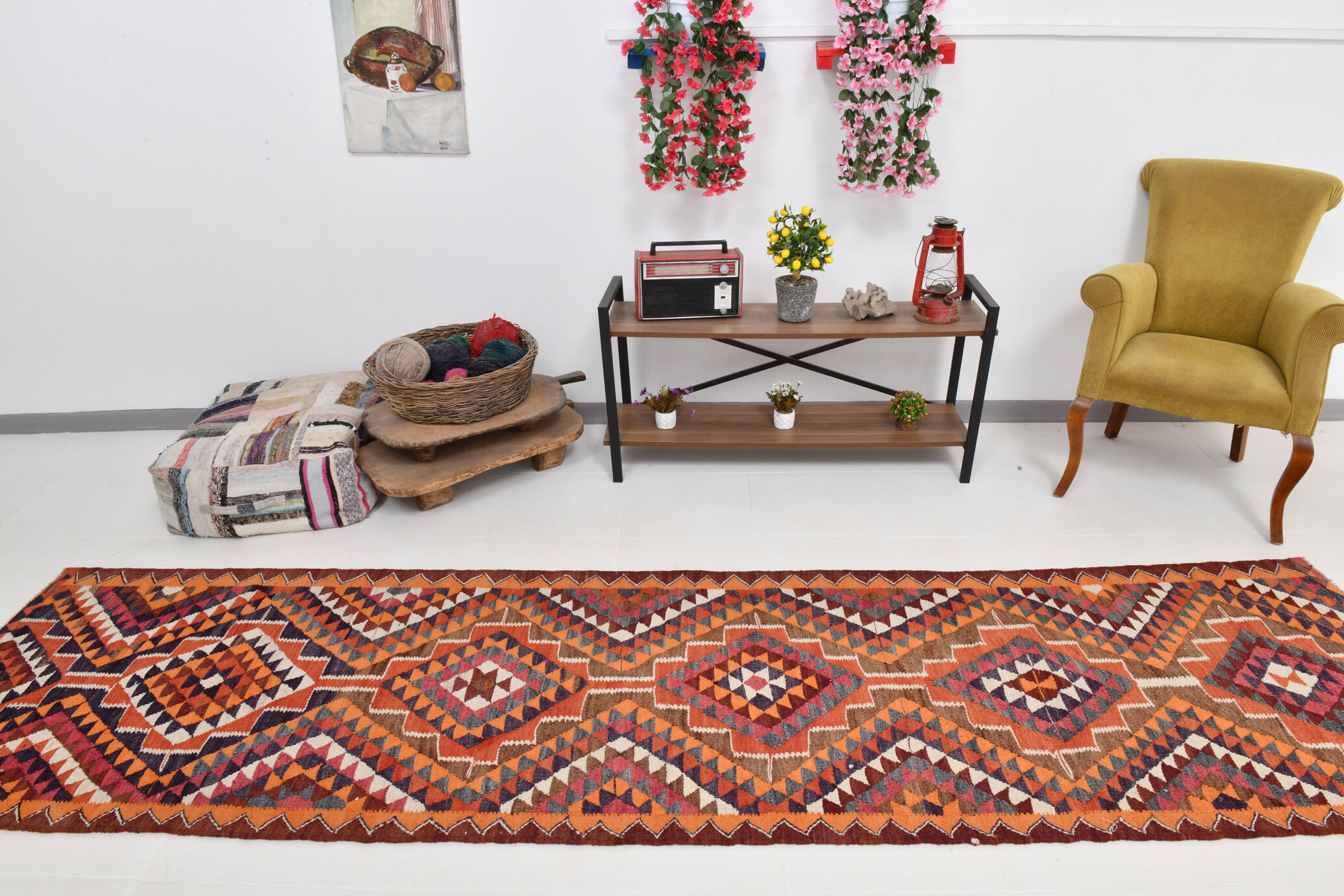 Bold multicolor kilim runner rug,92x395cm