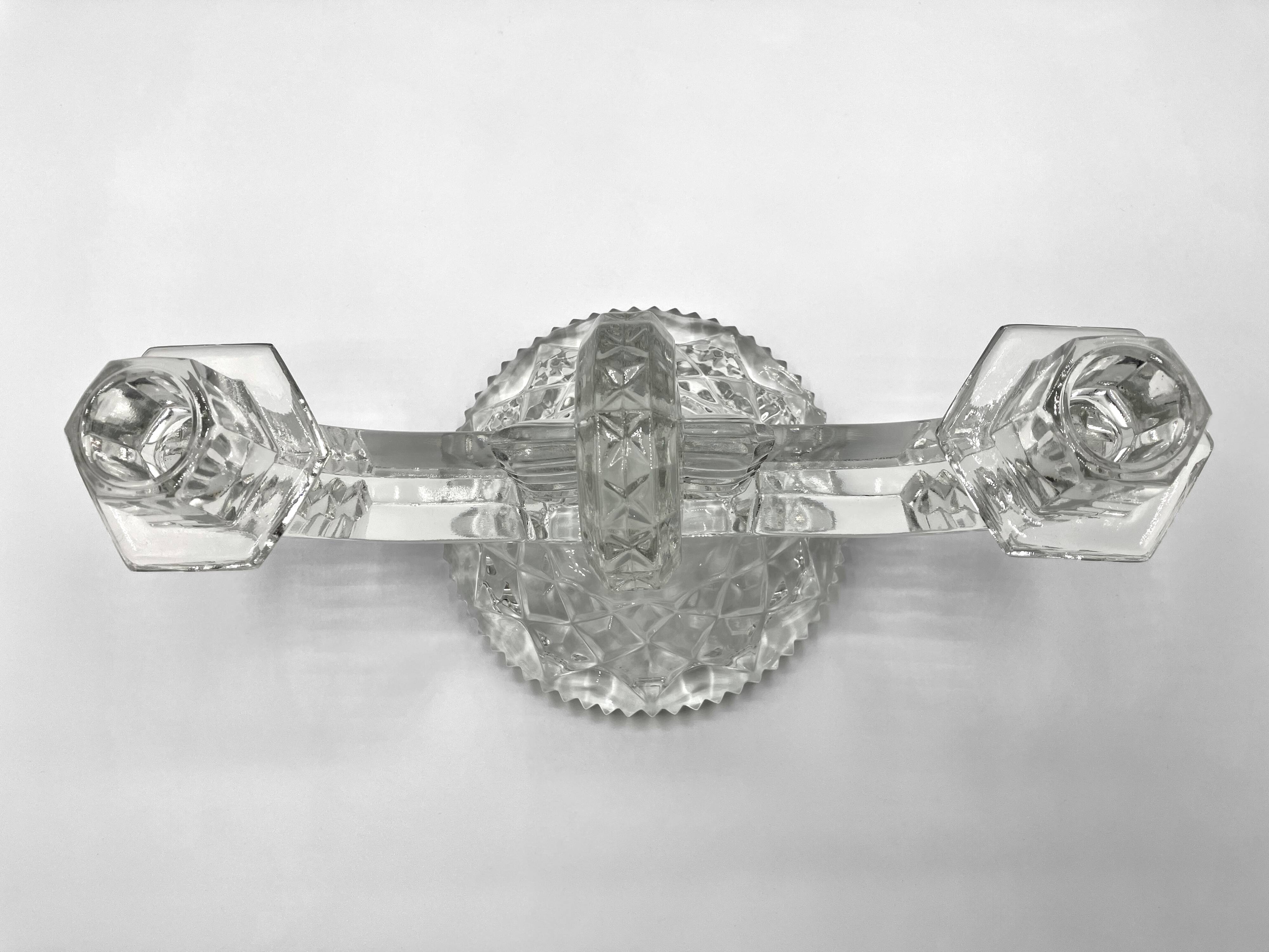 SKLO UNION Libochovice double candlestick • 2-flame pressed glass candle holder • Art Deco