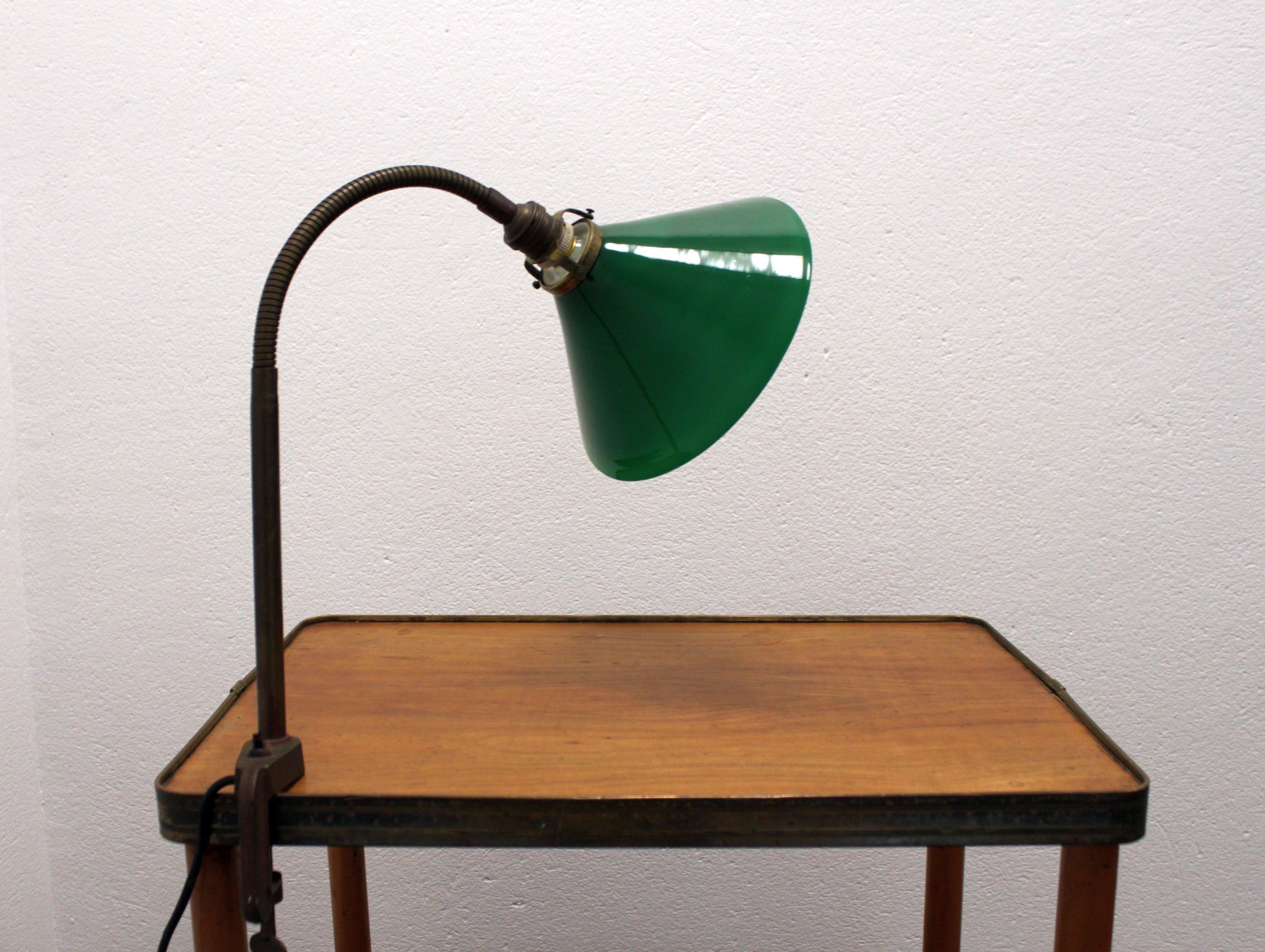 Vintage industrial vice lamp, green opaline.