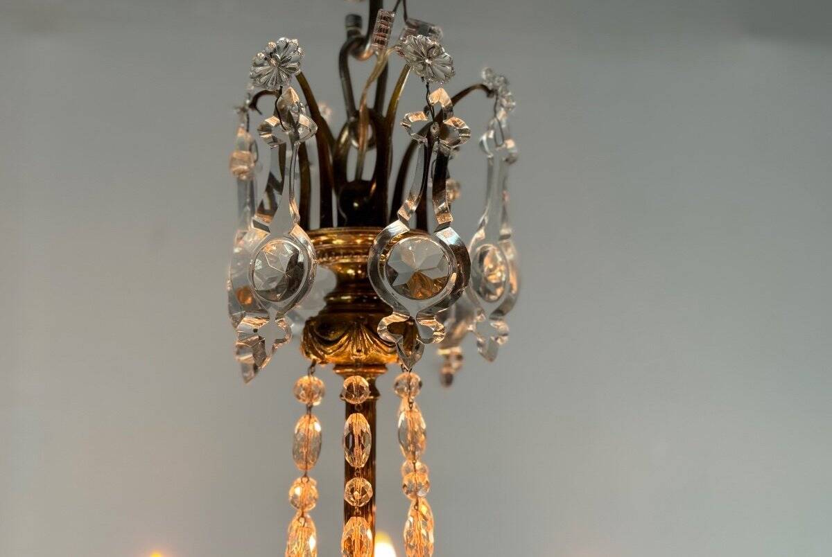 Gilt bronze cage chandelier decorated with cut crystal pendants circa 1900
