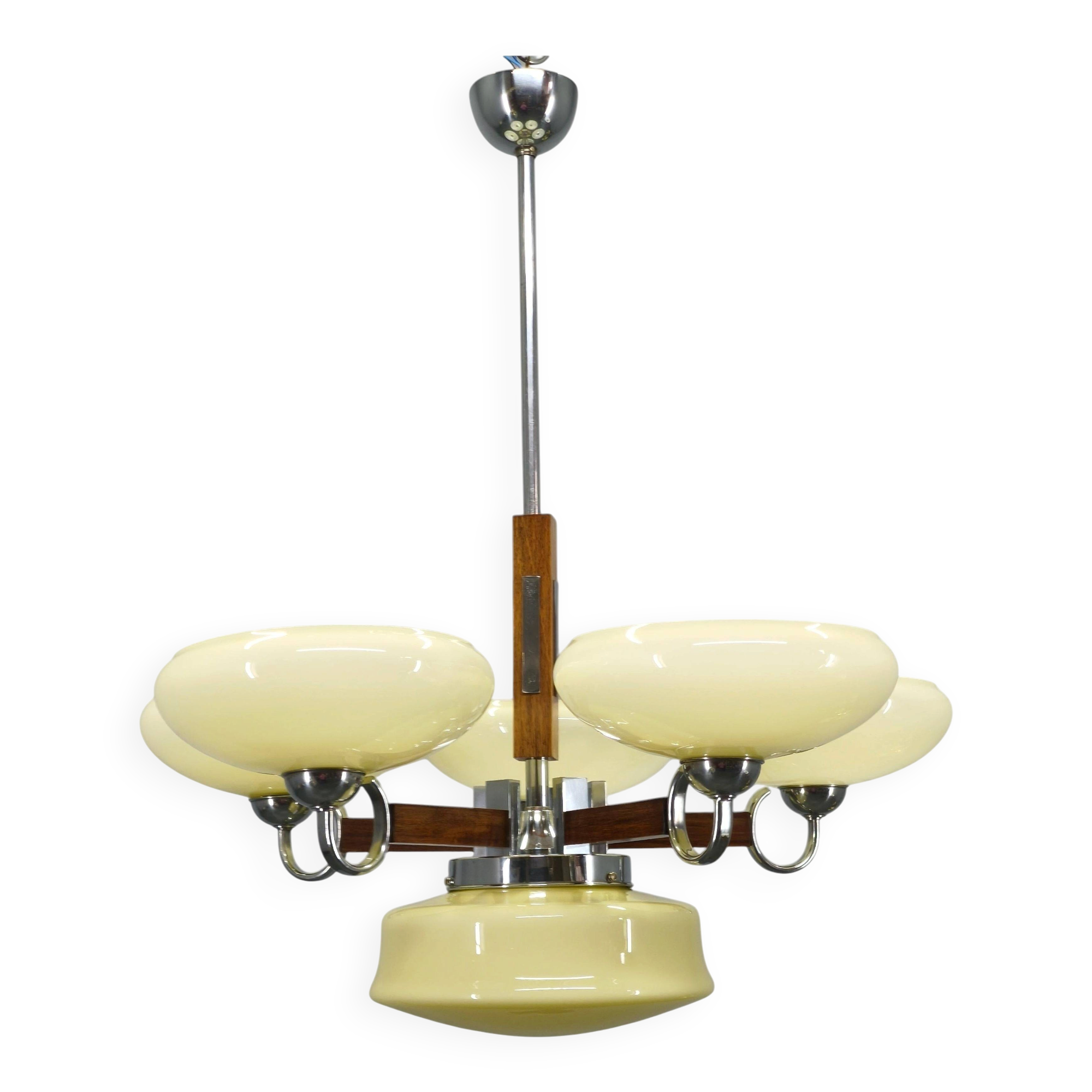 Art Deco Chrome and Walnut Chandelier, Czechoslovakia, 1930s
