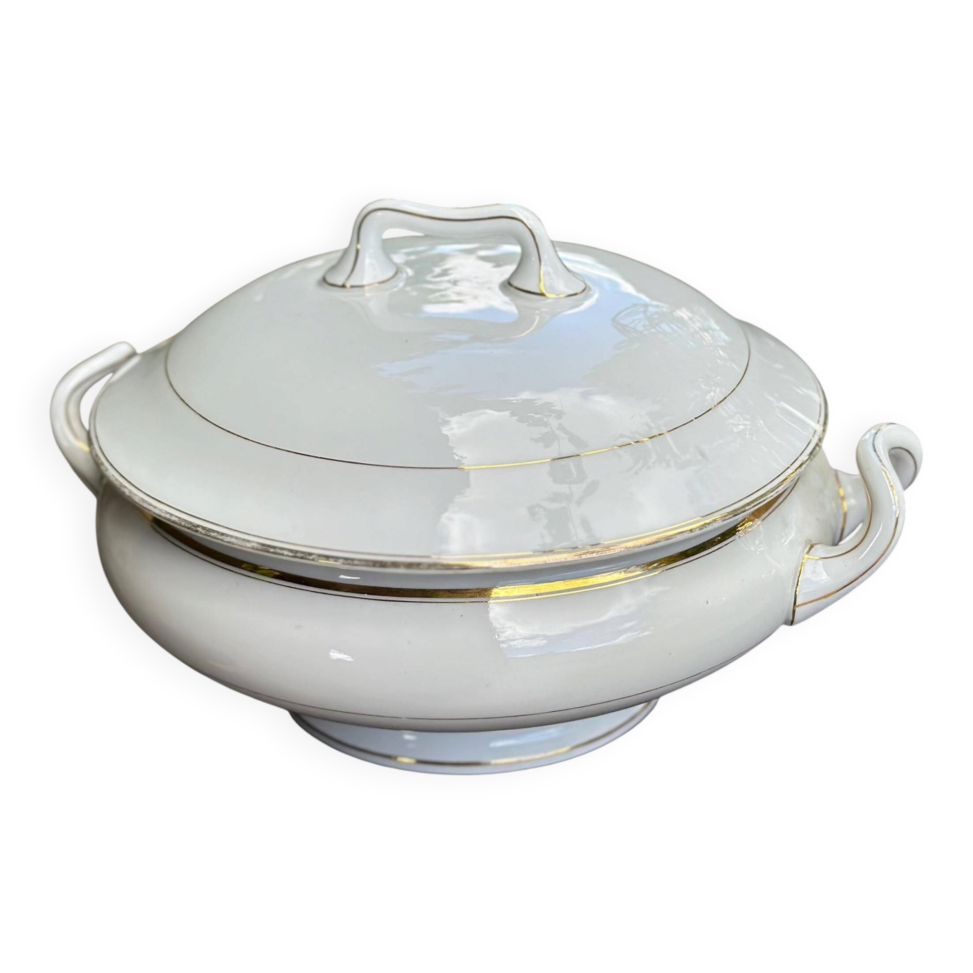 Antique white porcelain soup tureen with gilding B.H.V. Paris