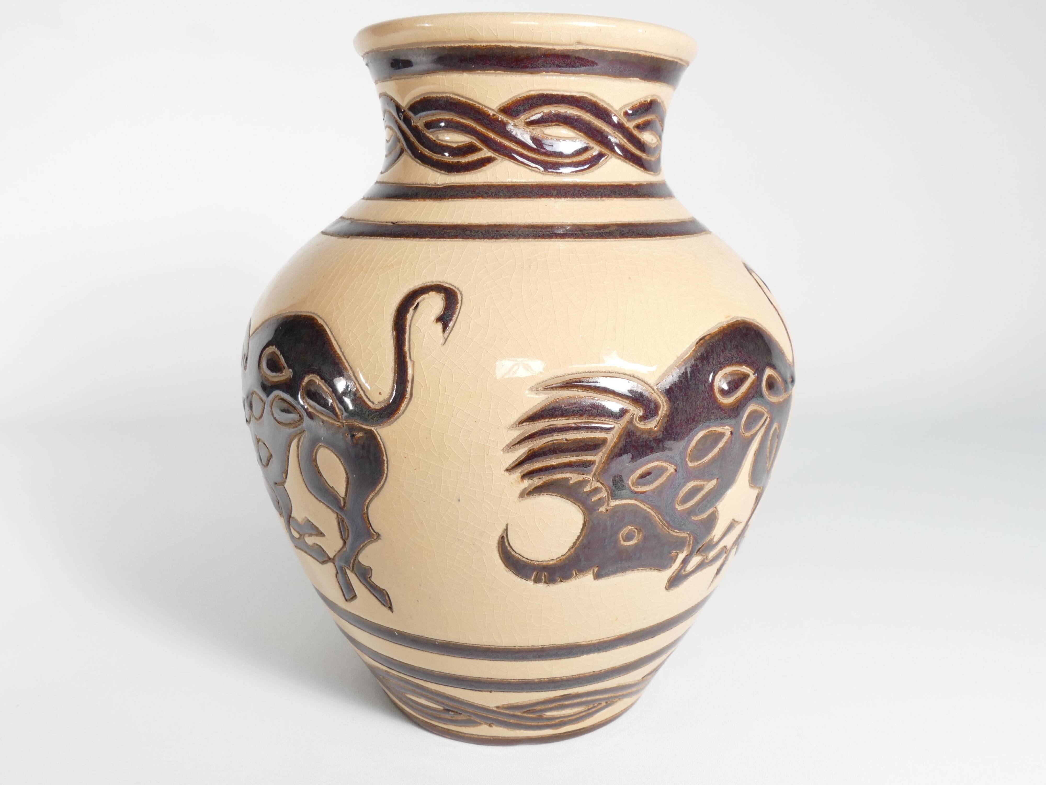 Vintage Ceramic Vase with Brown Bulls and Bands