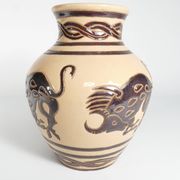 Vintage Ceramic Vase with Brown Bulls and Bands