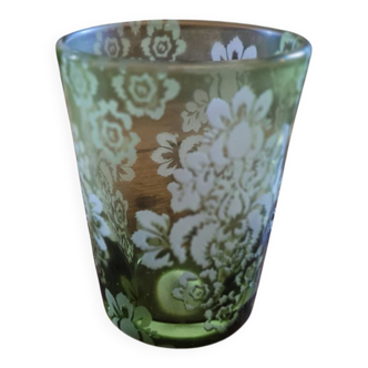 Green gradient blown glass vase with engraved floral decoration.