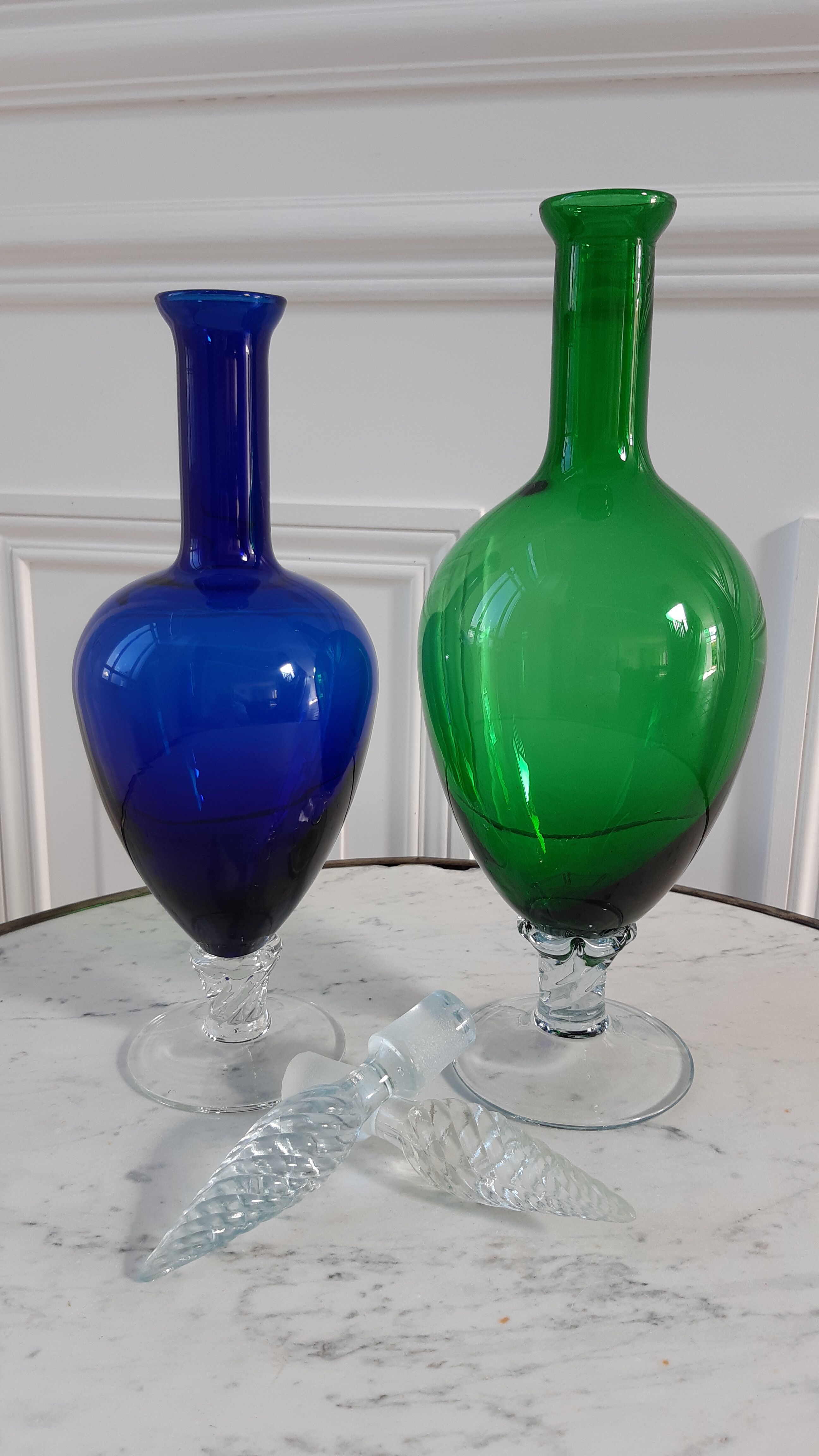 Duo of royal blue and green polished glass decanters 60s-70s