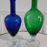 Duo of royal blue and green polished glass decanters 60s-70s