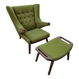 Fauteuil et repose-pieds vintage Papa Bear en tissu bouclette vert et chêne