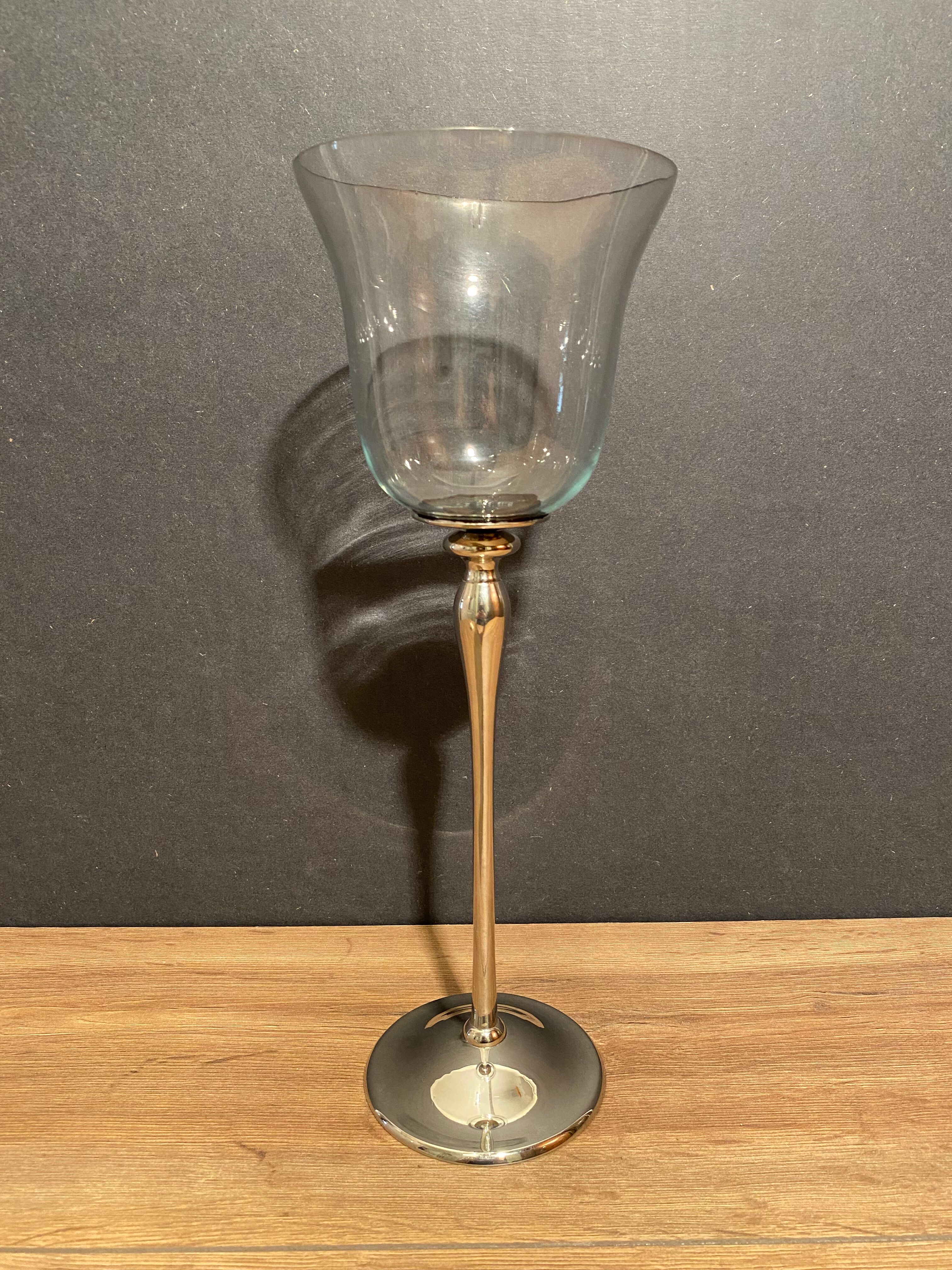 Glass photophore on high metal stand with silver patina