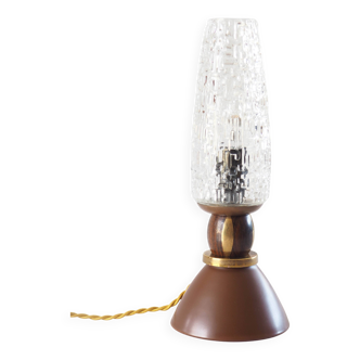 Stoneware, wood and brass lamp