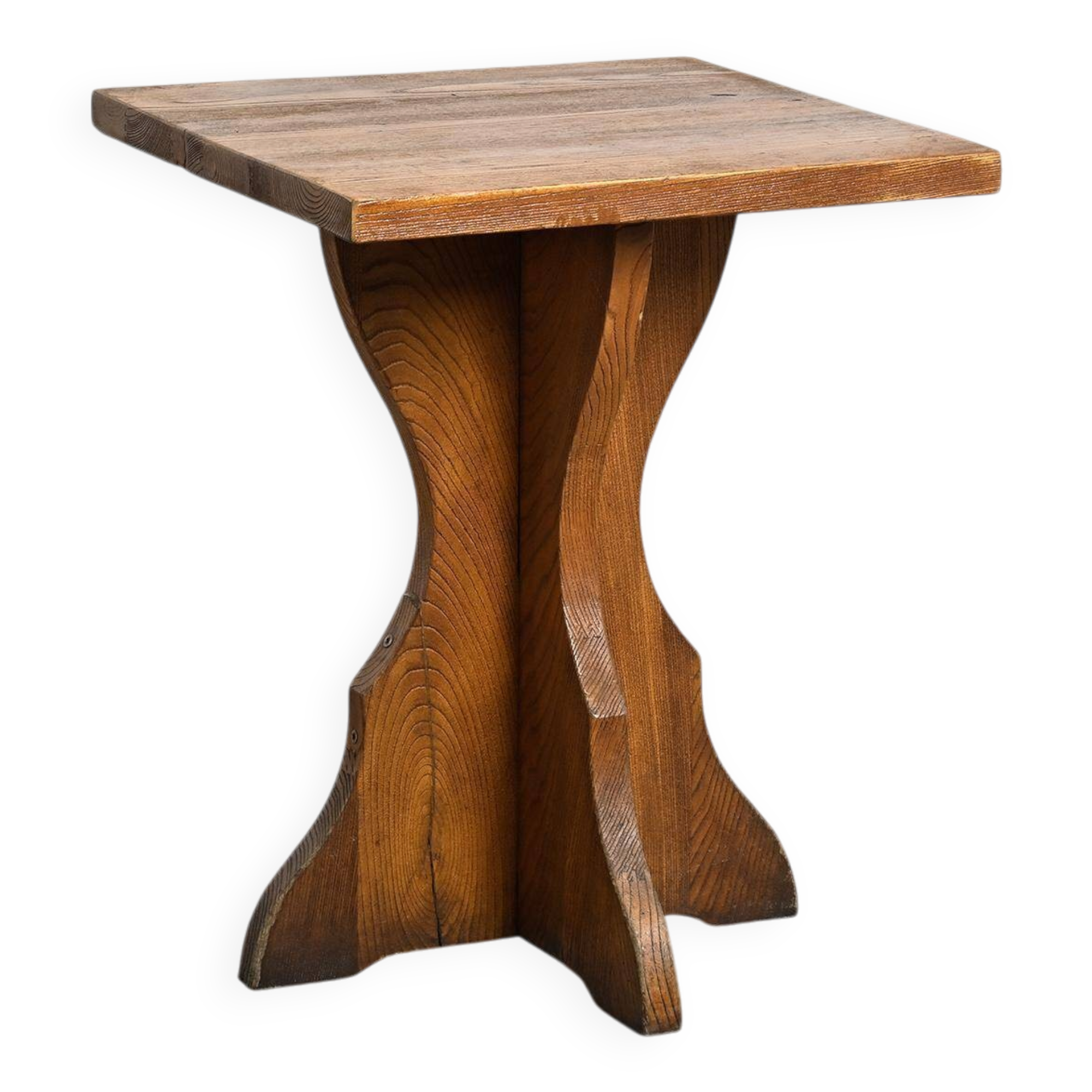 Solid pine table, sculpted cross legs, French Alps, around 1970.