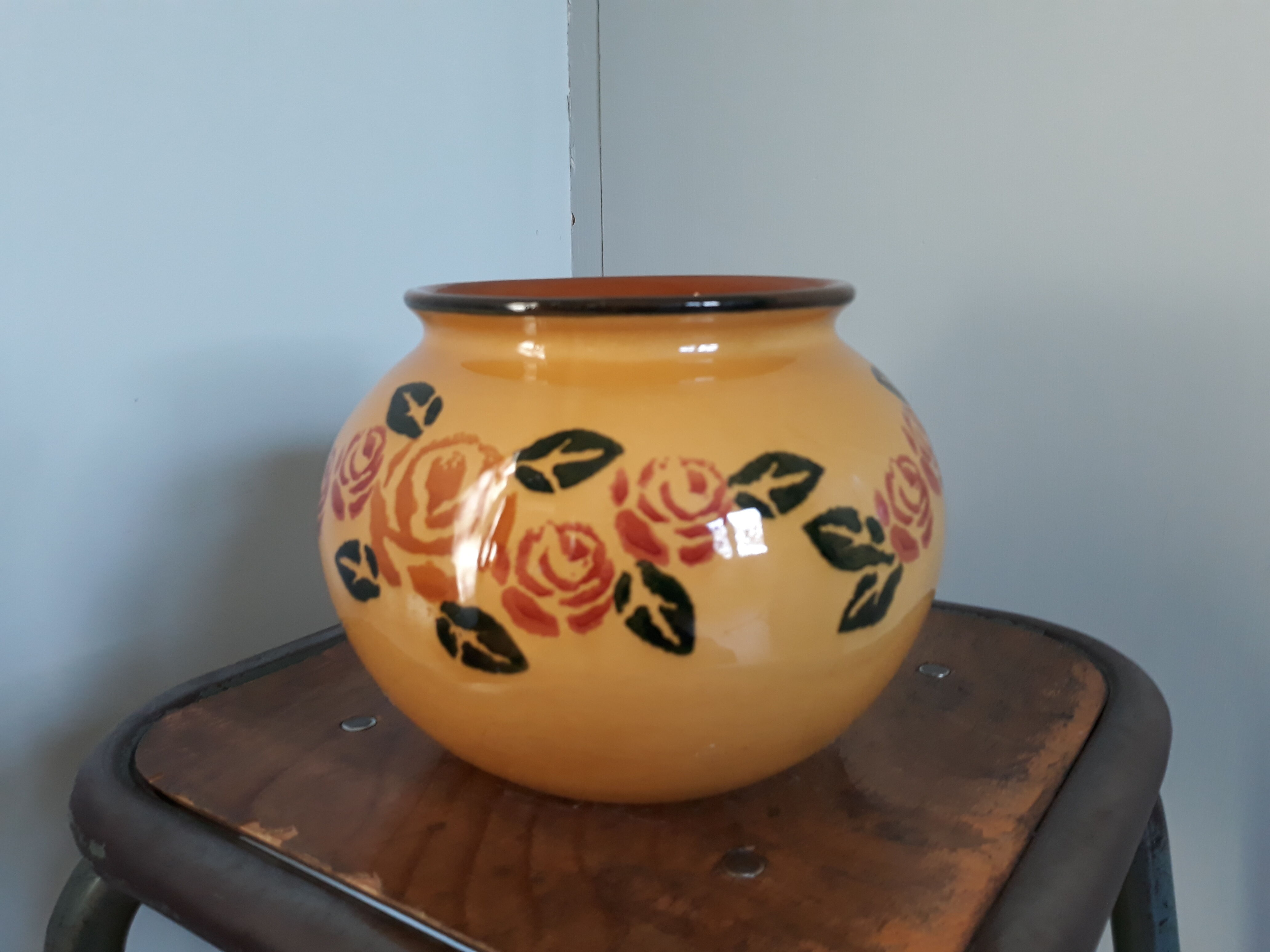 Ceramic vase enamelled yellow mustard ball shape