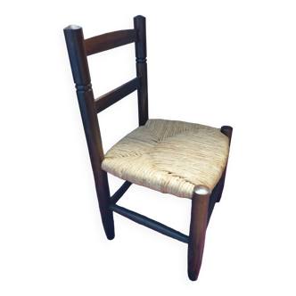 Straw children's chair, dark stained raw wood, France