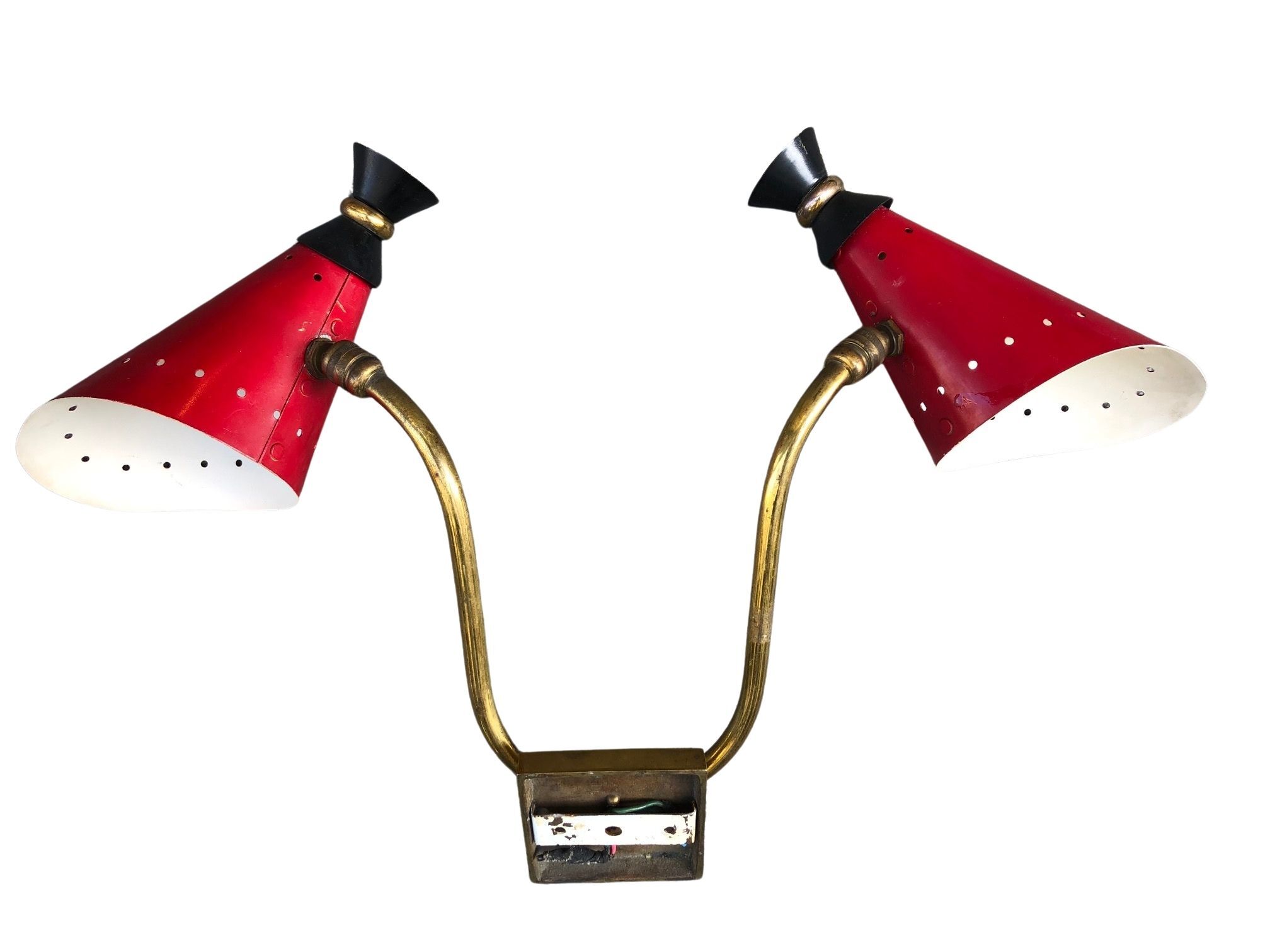 Pair of brass wall lights, red diabolo metal lampshades, circa 1950