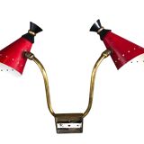 Pair of brass wall lights, red diabolo metal lampshades, circa 1950