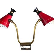 Pair of brass wall lights, red diabolo metal lampshades, circa 1950