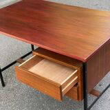 Bureau scandinave en bois et acier noir 1960 avec 2 tiroirs