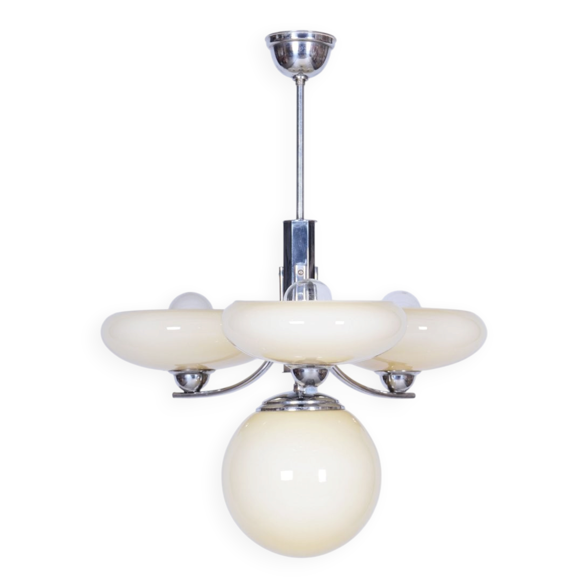 Art Deco Chandelier in Chrome-Plated Steel and Opal Glass, Czech, 1920s