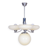 Chandelier Art Déco en acier chromé et verre opale, tchèque, années 1920