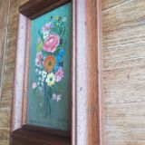 Tableau peinture à l'huile bouquet cadre bois signée pagano