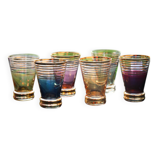 Service a liqueur vintage en verre coloré et doré années 60