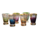 A vintage liqueur service in coloured and gold glass from the 1960s.