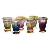 A vintage liqueur service in coloured and gold glass from the 1960s.