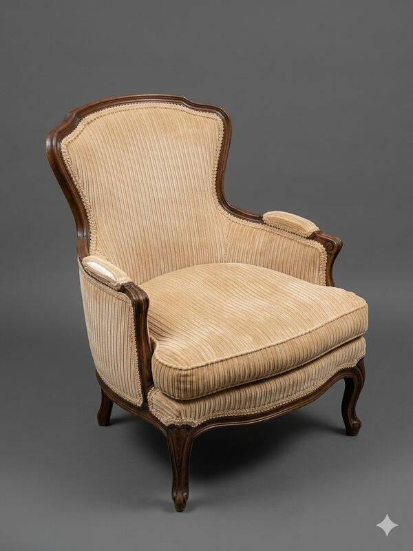 Louis XV Style Bergère Armchair in Cream Corduroy