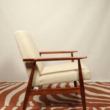 Scandinavian style set lounge chair and ottoman footrest in boucle fabric natural dark wood Mid Cent