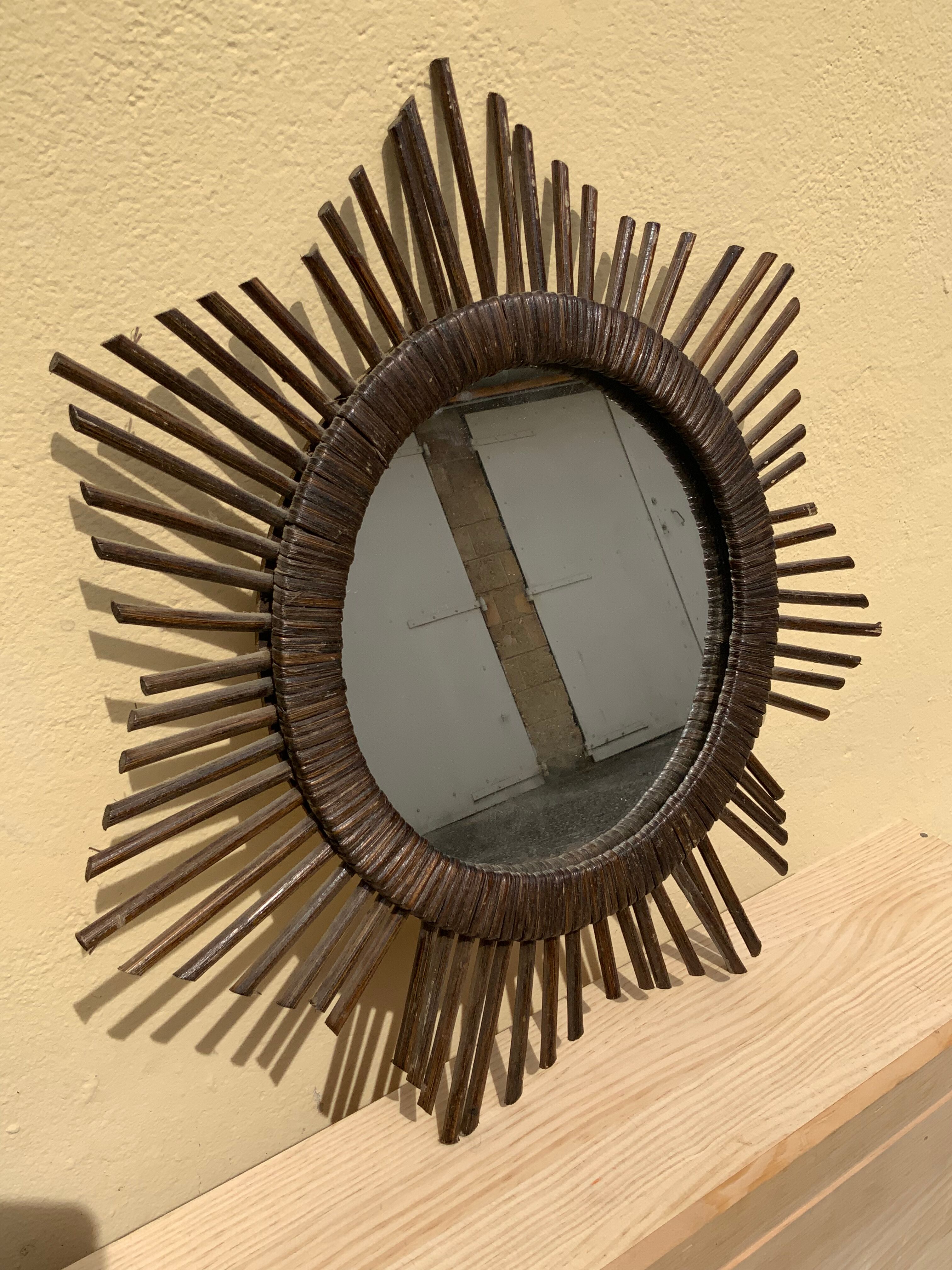Vintage sun mirror in woven rattan diameter 45 cm retro decoration