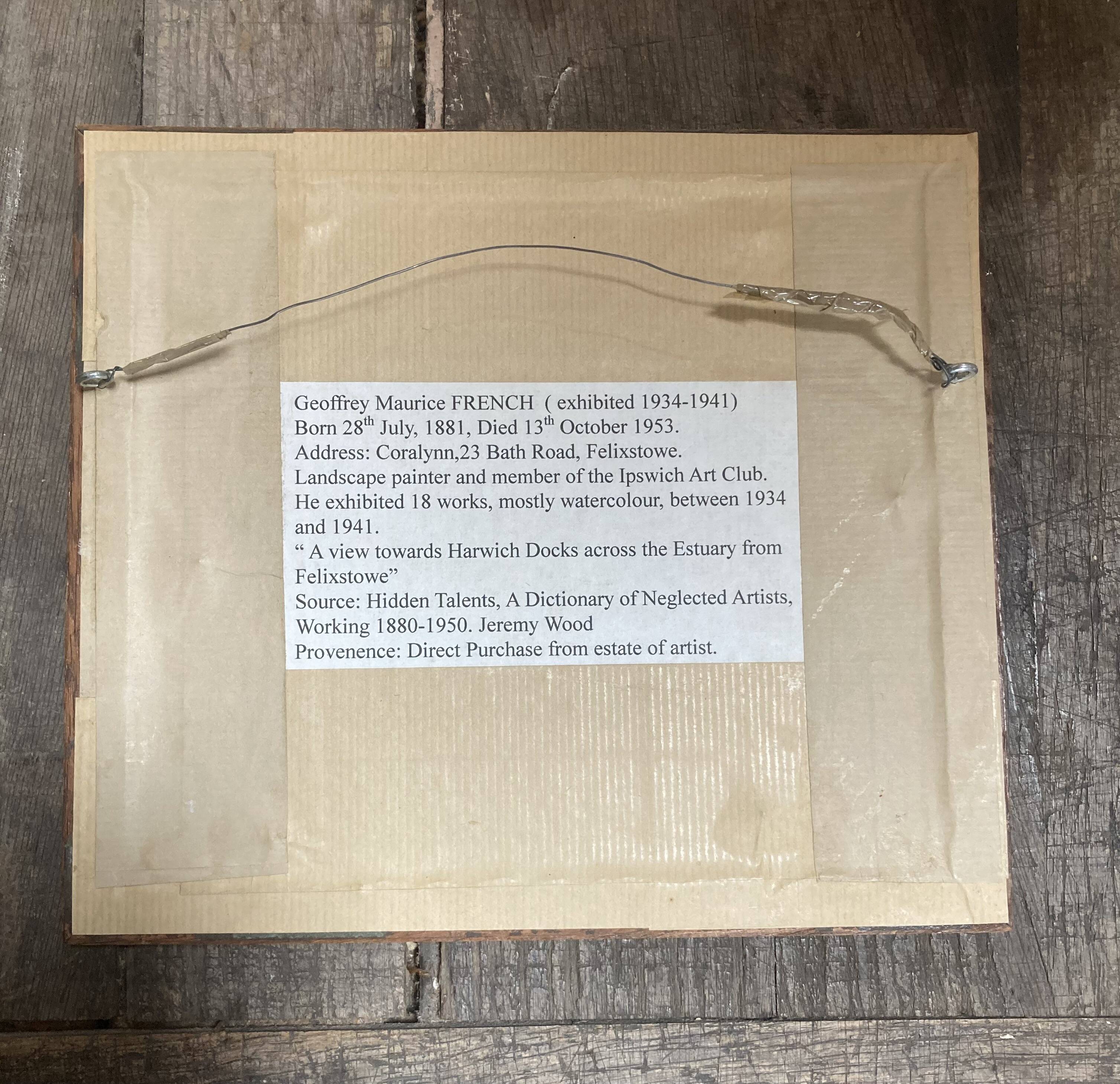 Oil painting of Harwich Docks by Geoffrey French. 1930