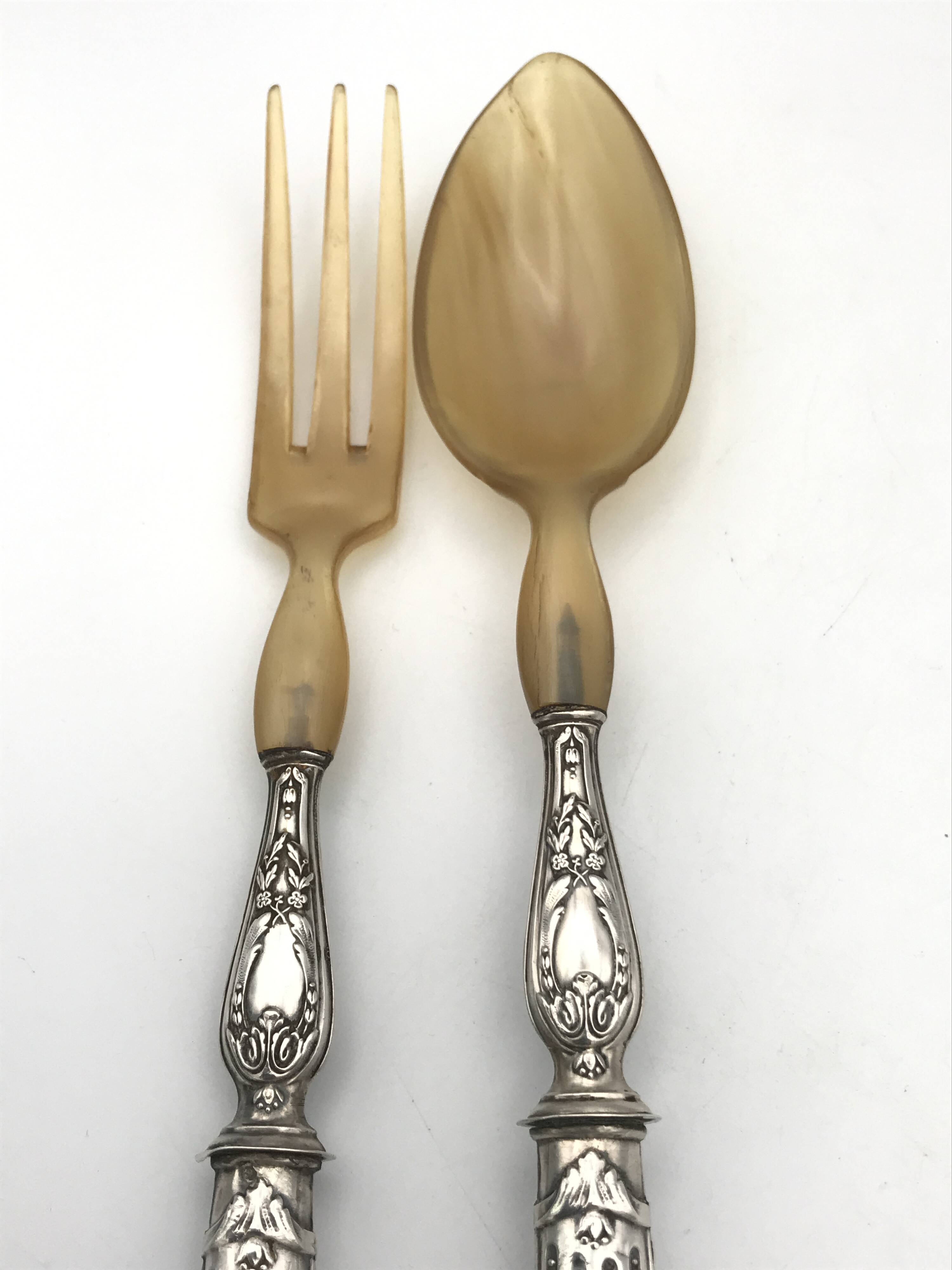 Serving cutlery, salad cutlery, in filled silver, minerva hallmarks